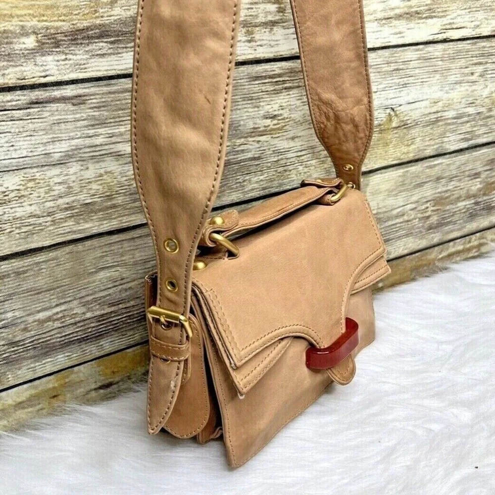 Uterque Natural Tan Brown Leather Front Buckle Small Satchel Purse Shoulder Bag - Picture 2 of 12